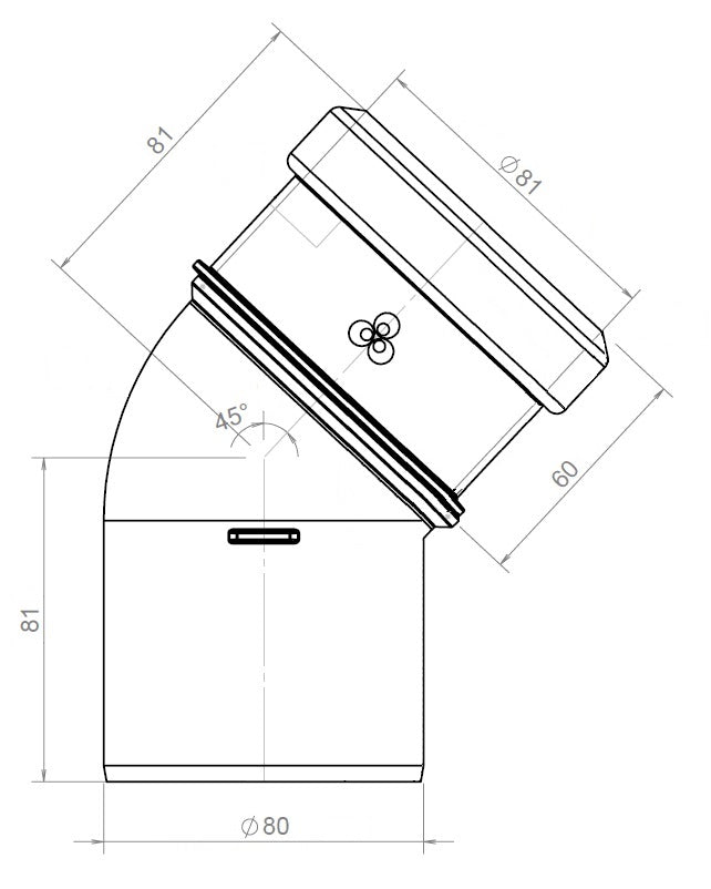 Burgerhout Safe-PP rookgas bocht 80mm 45° 400453990 kopen? Technische tekeningen | CVketel.nl