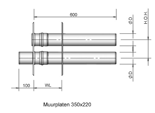 Burgerhout Muurdoorvoer 2-pijps 80/80 453881  lijntekening 02 Gratis verzending door heel Nederland vanaf €150,- in de btw Nergens goedkoper te krijgen dan bij ons. | CVketel.nl