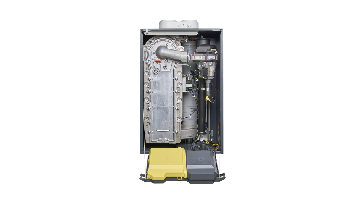 Binnekant cv-ketel Remeha Quinta 65 HR Soloketel
met excentrische rookgasaansluiting 2 x 100 mm 12,0 - 61,5 kW 7843854 | CVketel.nl